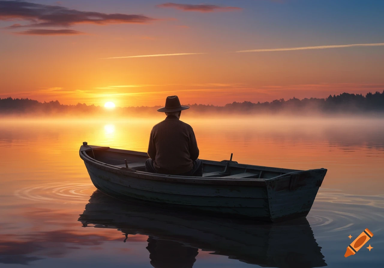 A photorealistic image of an old man sitting in a small boat on a misty lake, looking towards the vibrant orange sunset.