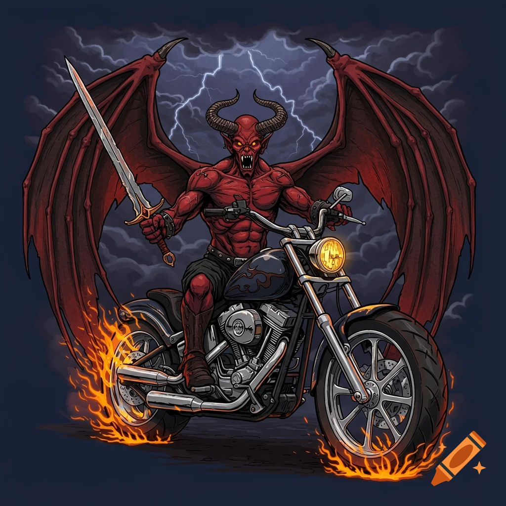 A red winged demon with horns holds a sword while riding a motorcycle engulfed in flames under a stormy sky.