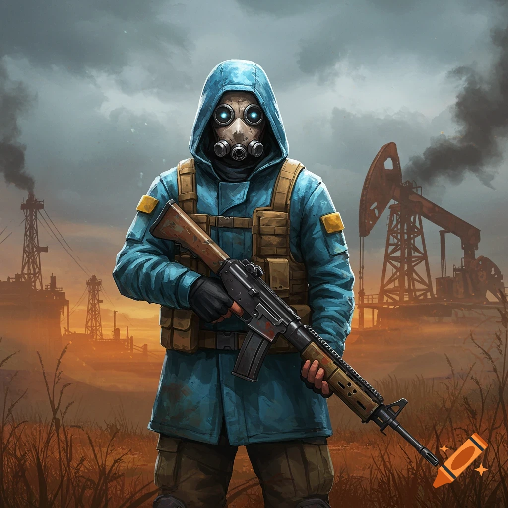 A stylized illustration of a masked figure in a blue hooded jacket and tactical vest, holding a rifle, standing in a barren landscape with industrial oil rigs in the smoky background.