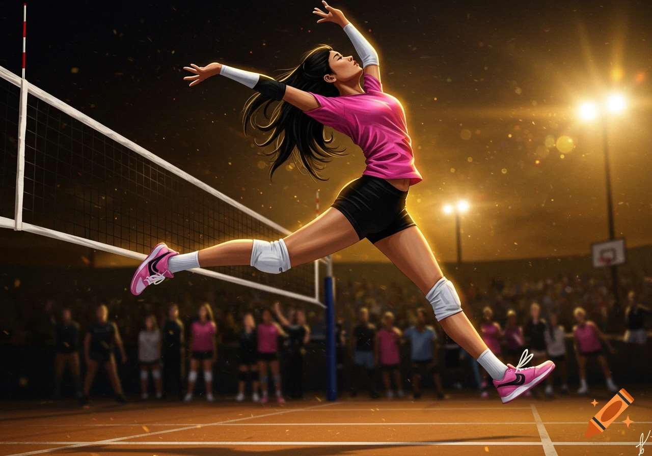 A stylized illustration of a female volleyball player in a pink shirt and black shorts jumping to spike the ball on a court during a night game.
