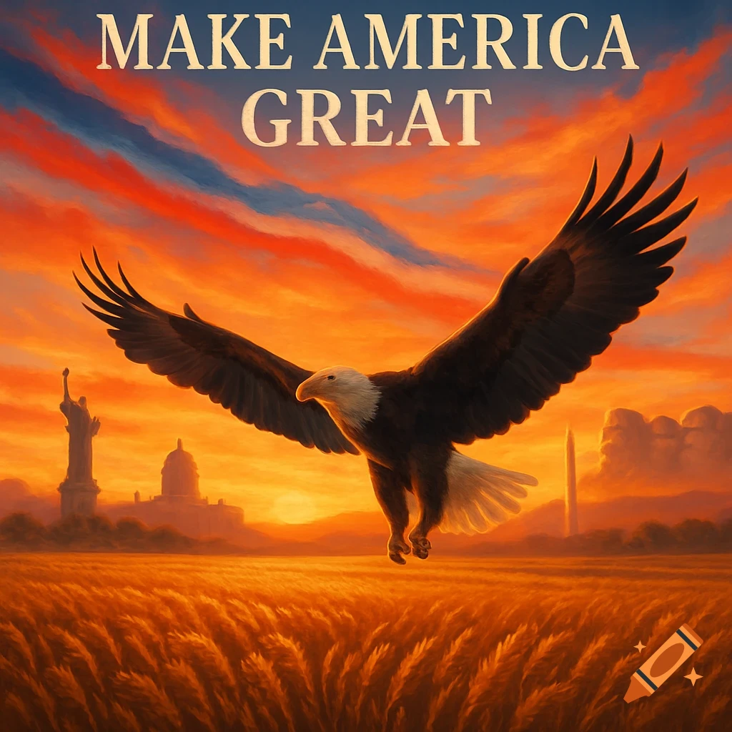 Bald eagle flying over a golden wheat field with US landmarks and a fiery sunset. Text 'MAKE AMERICA GREAT' at top.