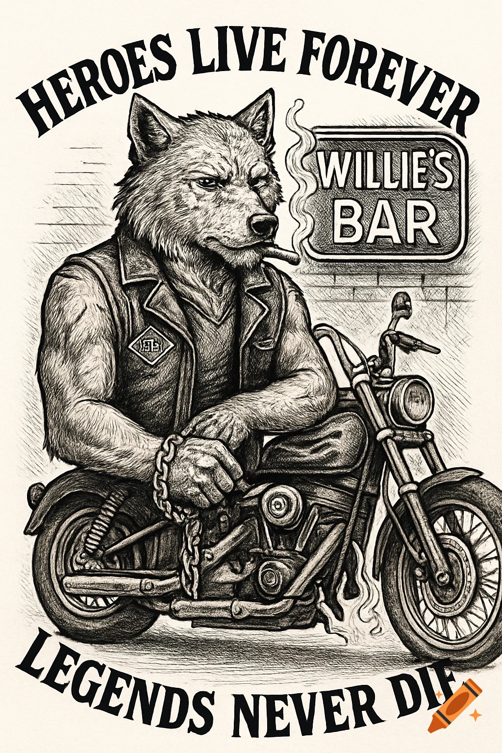 A black and white sketch of a wolf in a biker vest, smoking, leaning on a motorcycle with text 'Heroes Live Forever' and 'Willie's Bar'.