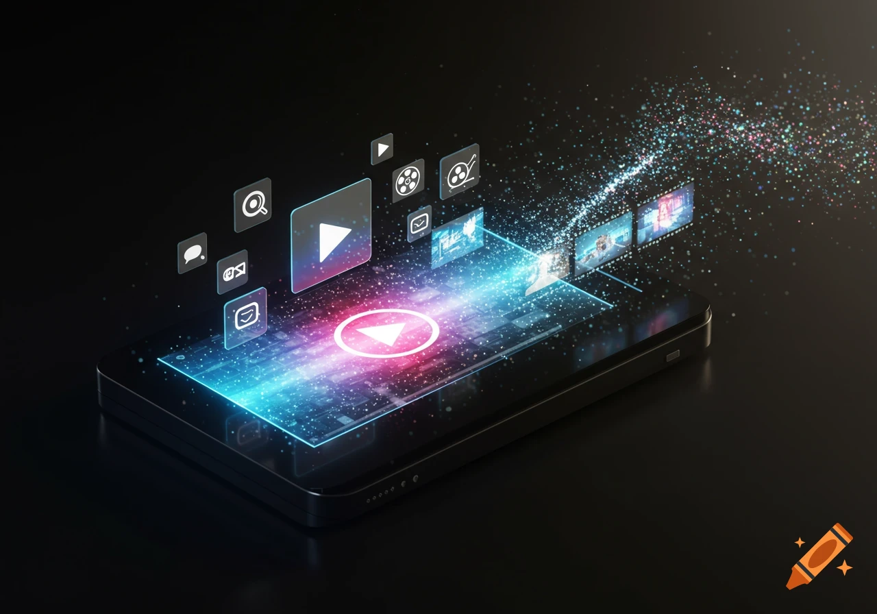 3D render of a smartphone displaying glowing digital video content, abstract light particles, and floating media icons.