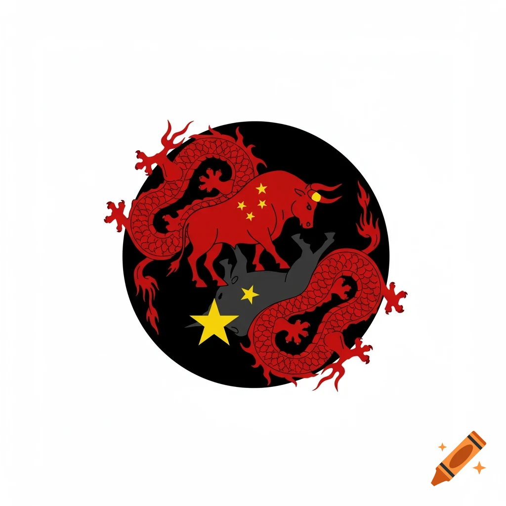 A minimalistic red, black, and yellow heraldic crest with two red dragons, a red bull with yellow stars, a grey bull, and a large yellow star.