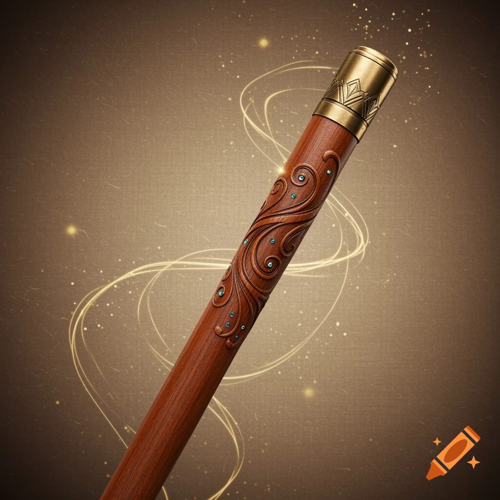 A photorealistic image of a wooden mahl stick with intricate carvings, blue gems, and a bronze cap, against a brown background with golden light trails.