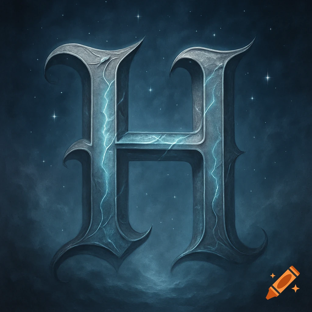 A stylized letter H, made of dark stone with blue lightning cracks, against a dark, starry, cloudy sky.