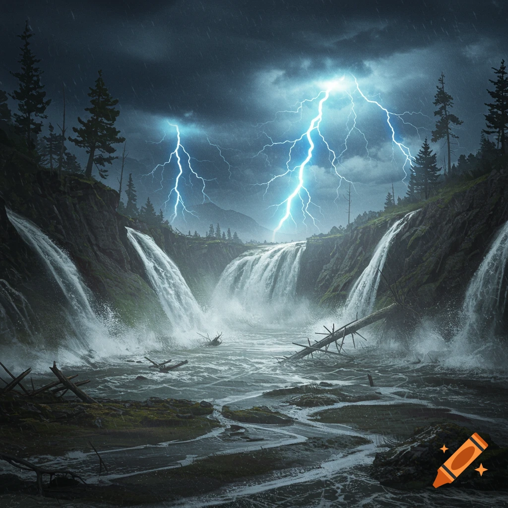 A dramatic landscape featuring multiple waterfalls cascading into a river during a severe thunderstorm, with bright lightning bolts illuminating the dark sky over a dense forest.