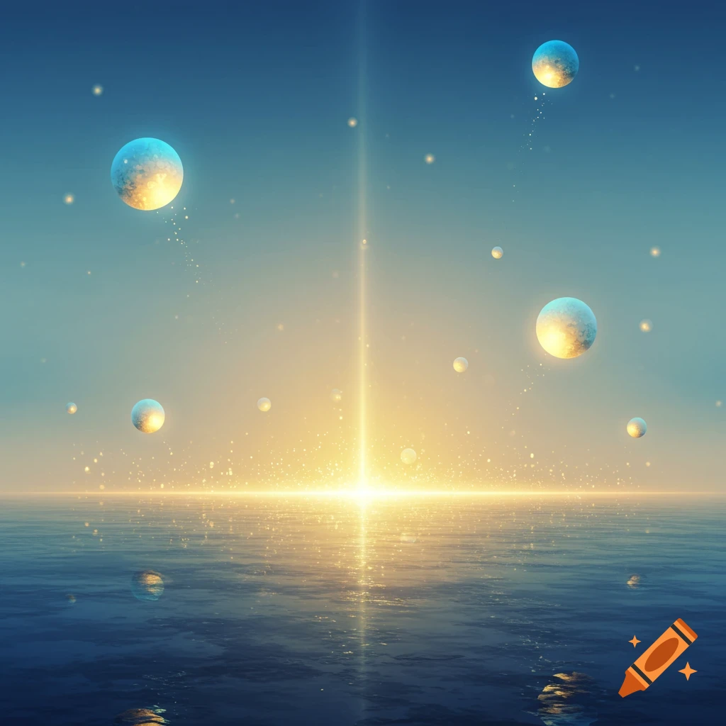 Abstract ethereal landscape with glowing orbs above water, light rays, and pixel-like particles in soft blue and gold.
