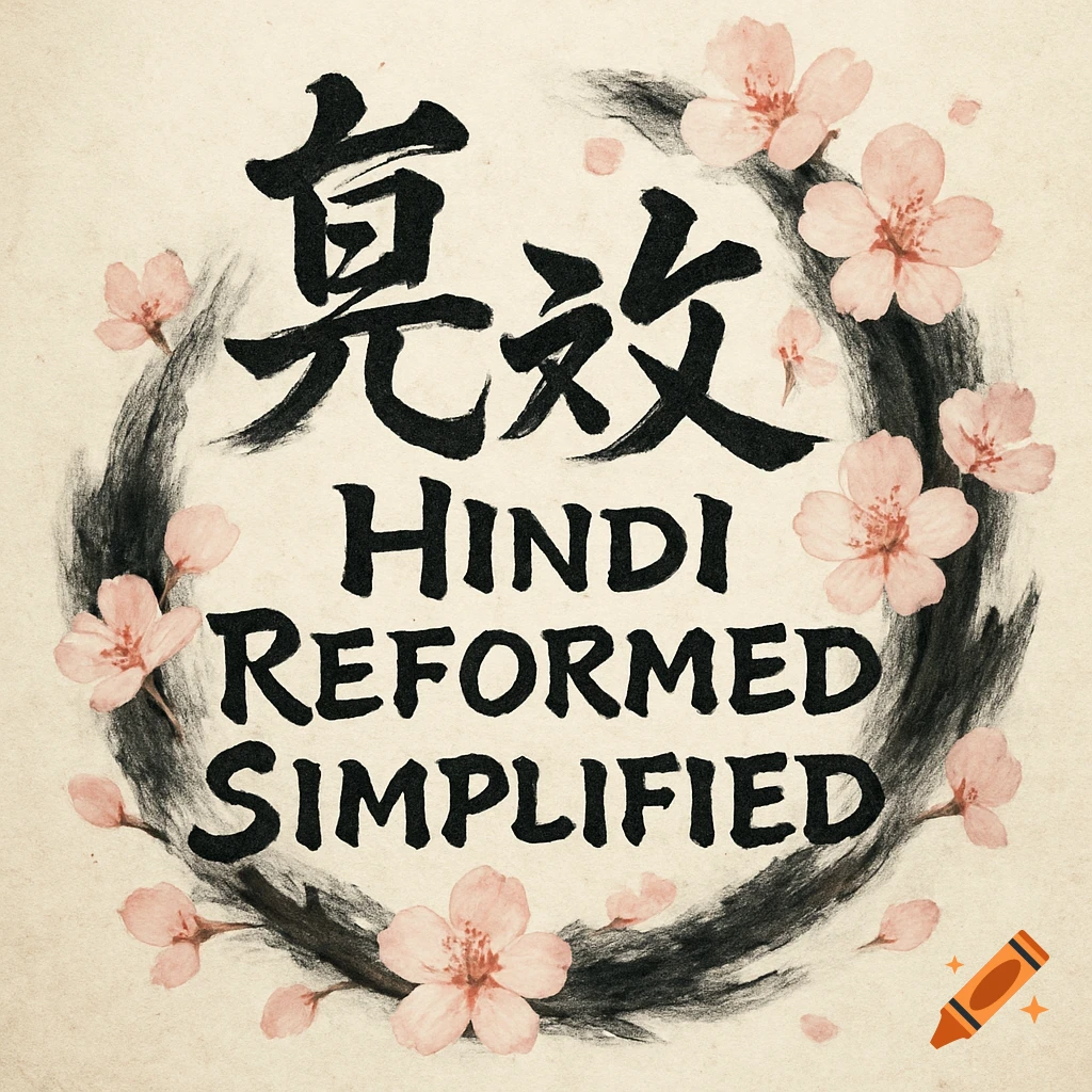 A calligraphic wreath of dark strokes with pink cherry blossoms surrounds the black text "HINDI REFORMED SIMPLIFIED" and two large Japanese characters above it, on a beige textured background.