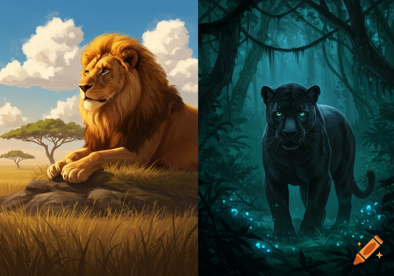 A split image shows a golden lion resting in a sunny savanna on the left, and a black panther with glowing green eyes in a dark, mystical jungle on the right.