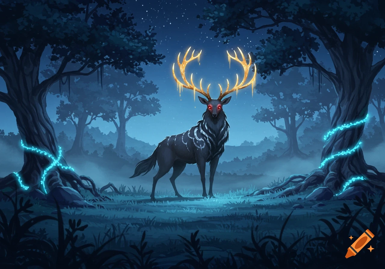 A dark, mystical stag with glowing red eyes and golden antlers stands in a moonlit forest with glowing blue vines on trees, digital art.