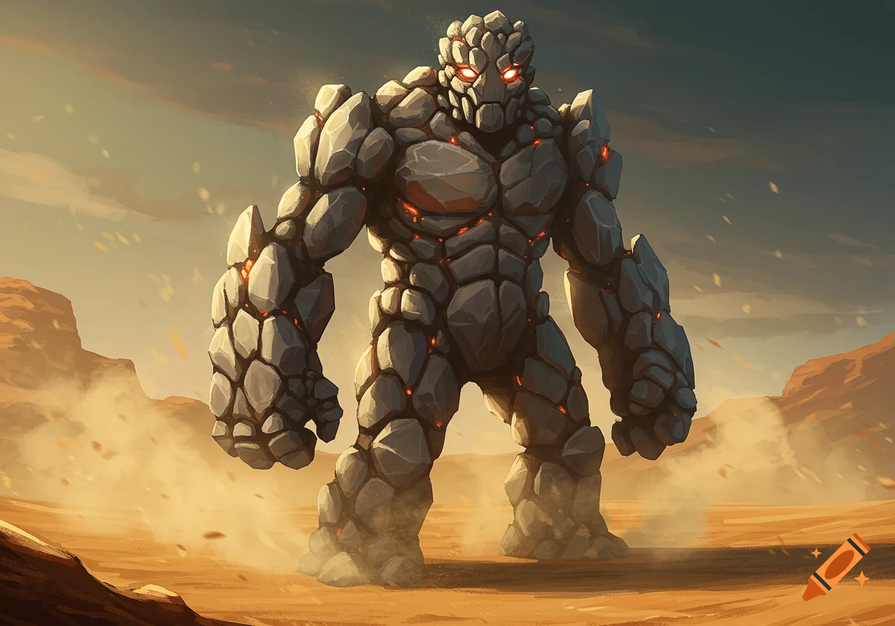 A large, muscular rock monster with glowing red eyes and orange cracks stands in a dusty desert landscape under a pale sky.