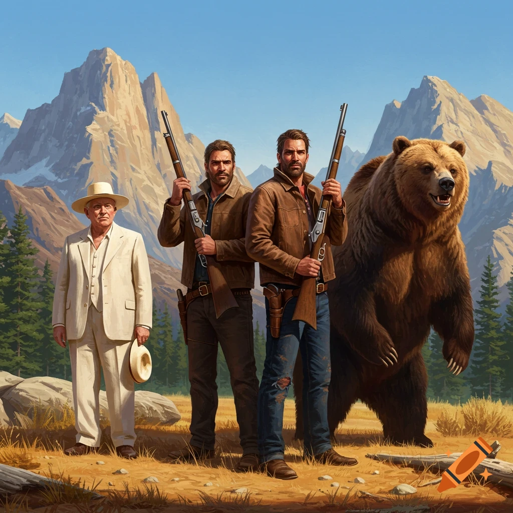 Three men, two with rifles, and a grizzly bear stand in a field with mountains in the background, in a photorealistic style.