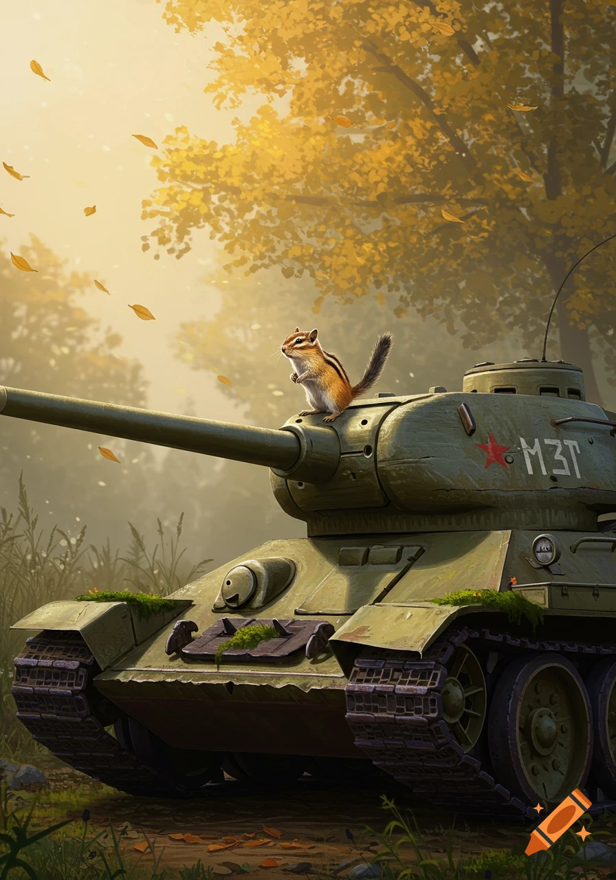 A stylized image of a chipmunk standing on the turret of an olive-green T-34 tank, surrounded by autumn trees with falling golden leaves.