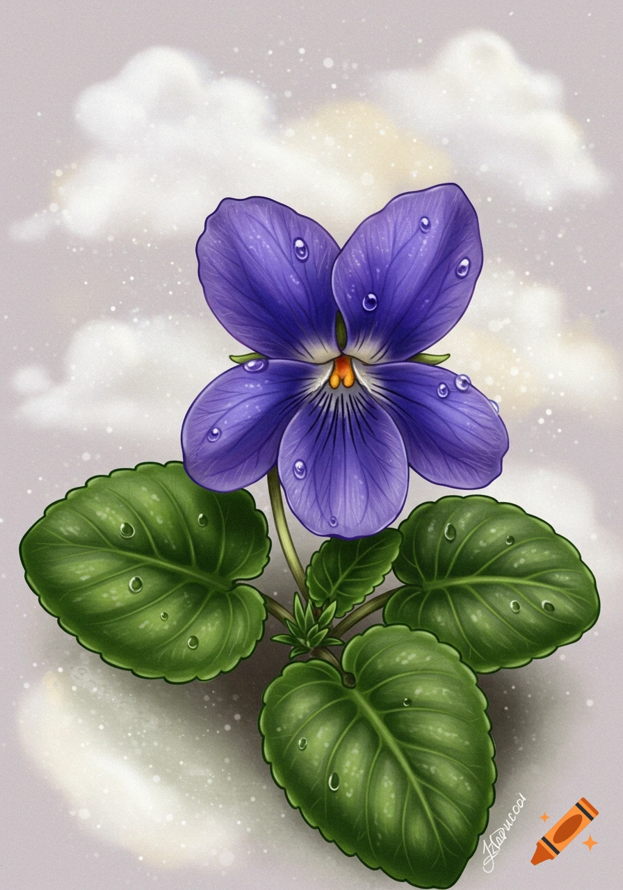 Vibrant purple violet flower with green leaves and water droplets on a light, cloudy background. Stylized illustration.