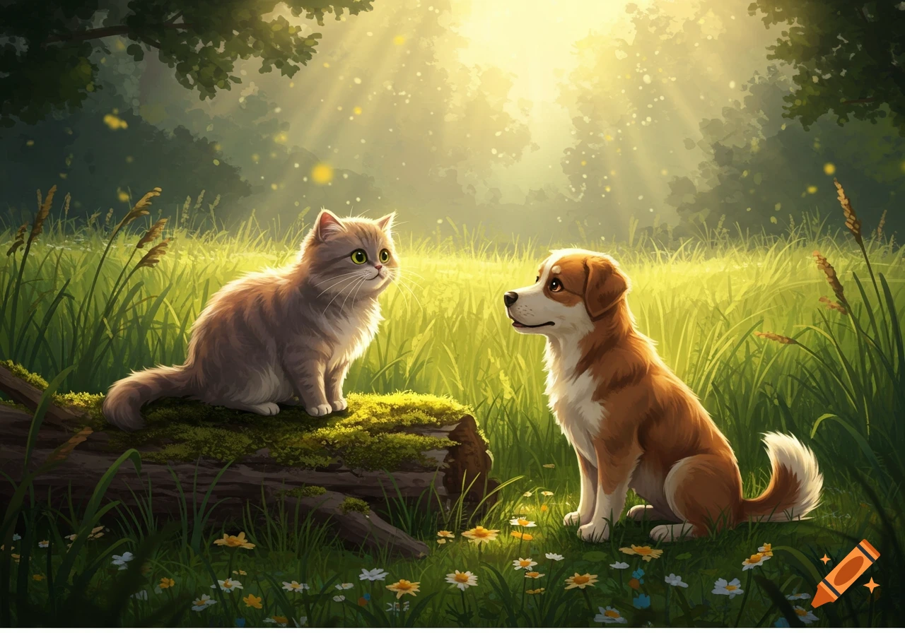An illustration of a fluffy cat and a dog sitting in a sunlit meadow with trees in the background.