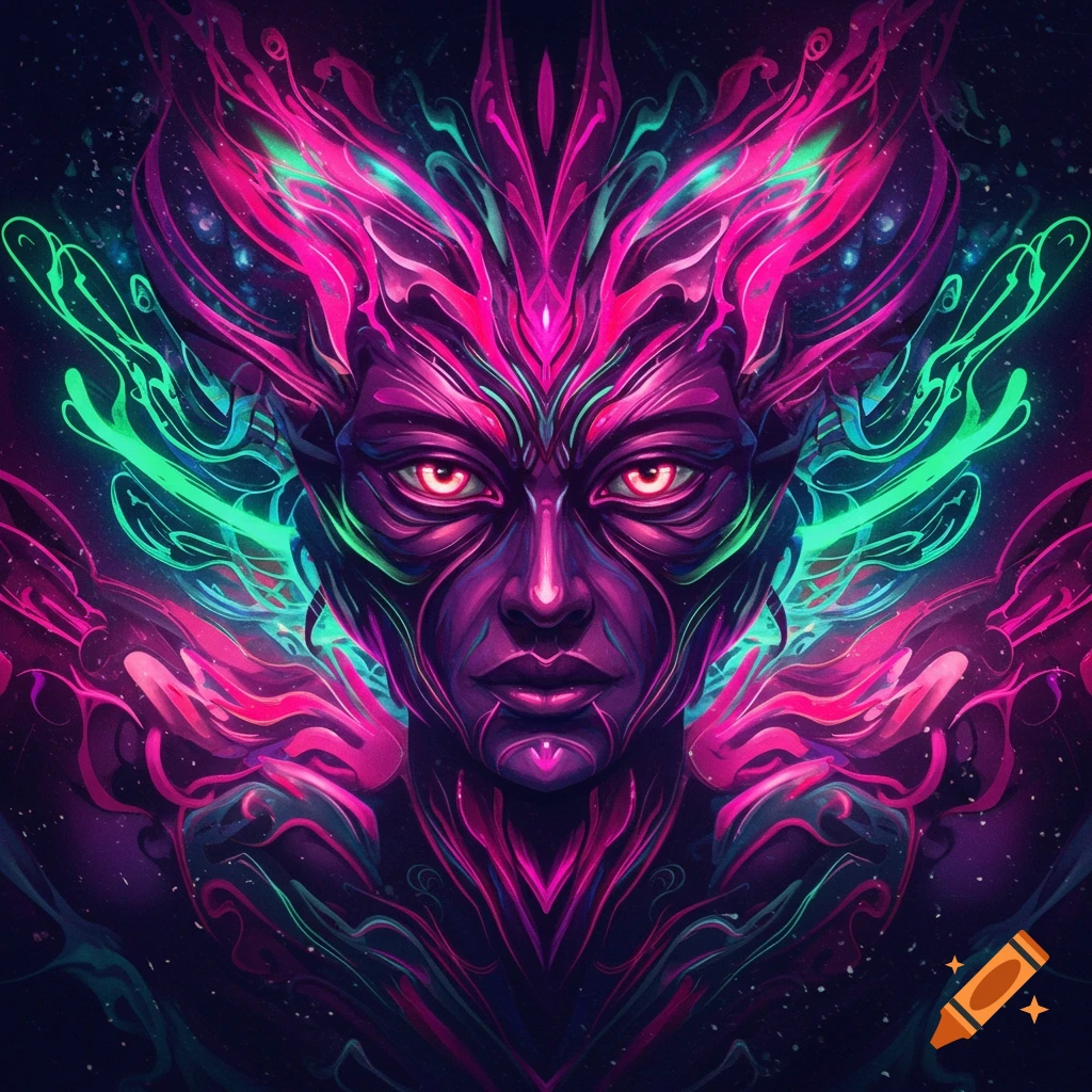 A vibrant, abstract digital art piece featuring a stylized purple face with glowing red eyes, surrounded by swirling neon pink, green, and purple energy against a dark, cosmic background.