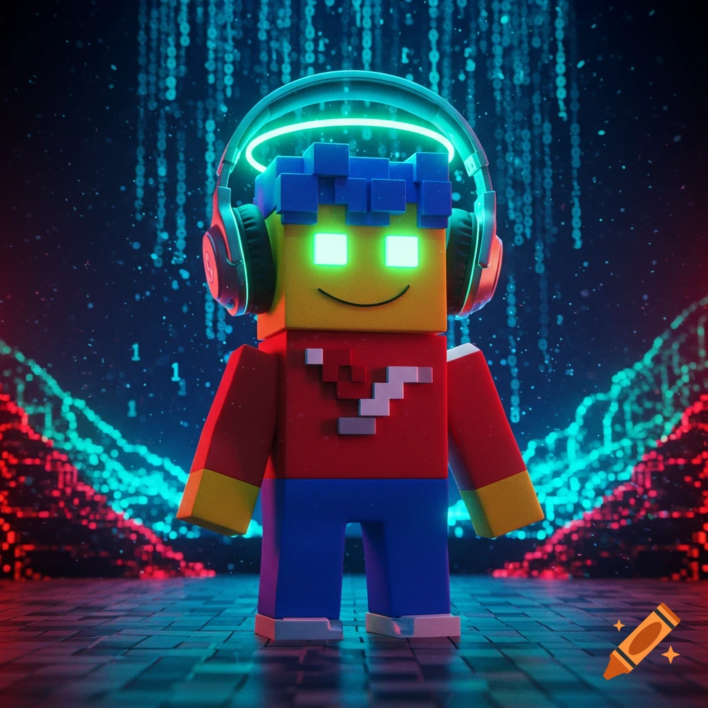 A blocky character with glowing green eyes and a neon gaming headset against a dark, digital background with binary code.