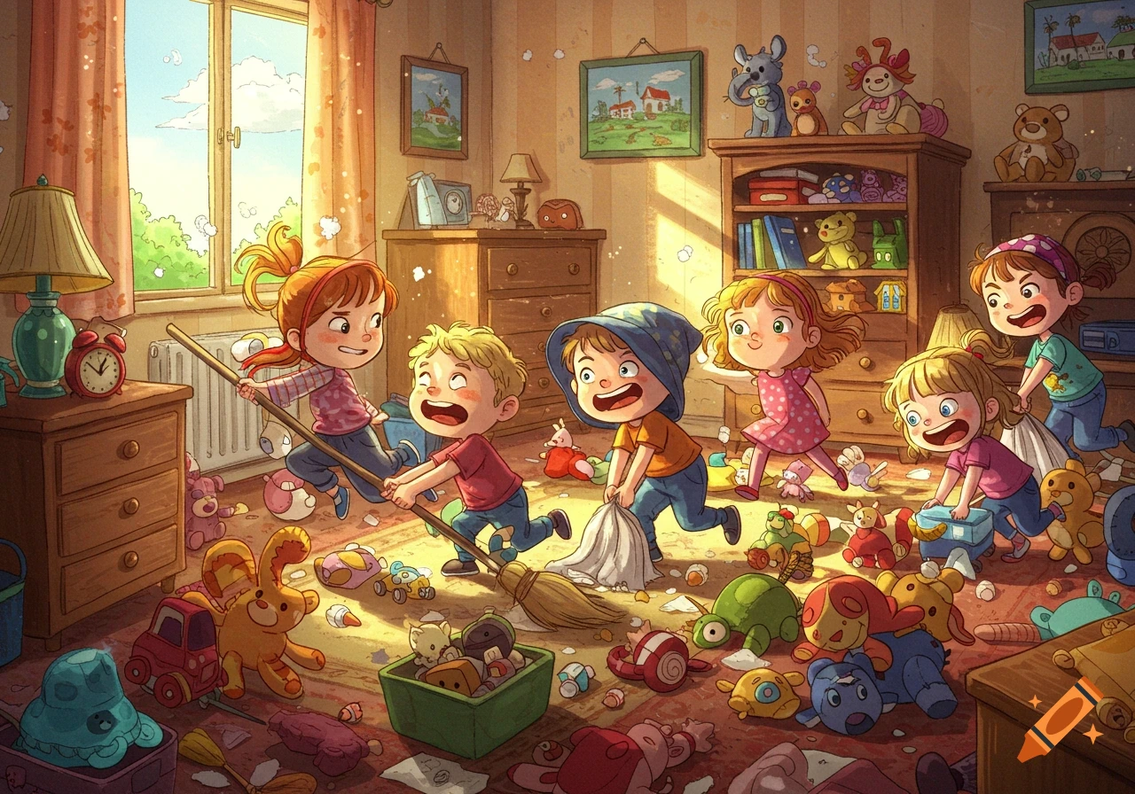 A cheerful cartoon illustration of several young children busily cleaning a messy room filled with toys, with sunlight streaming through a window.