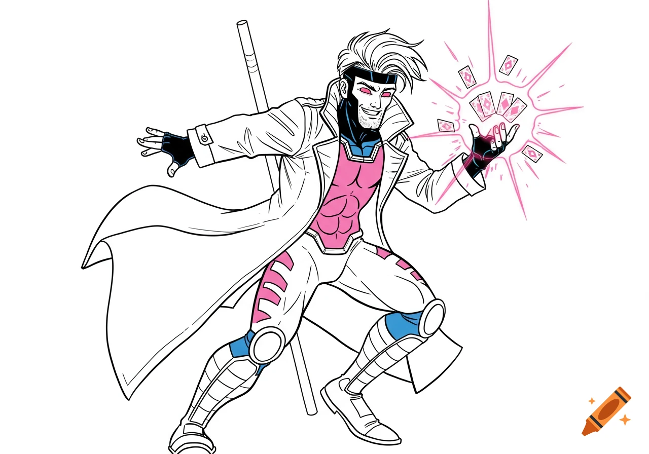 Gambit, a Marvel superhero, in a dynamic comic book line art style, holding glowing playing cards.