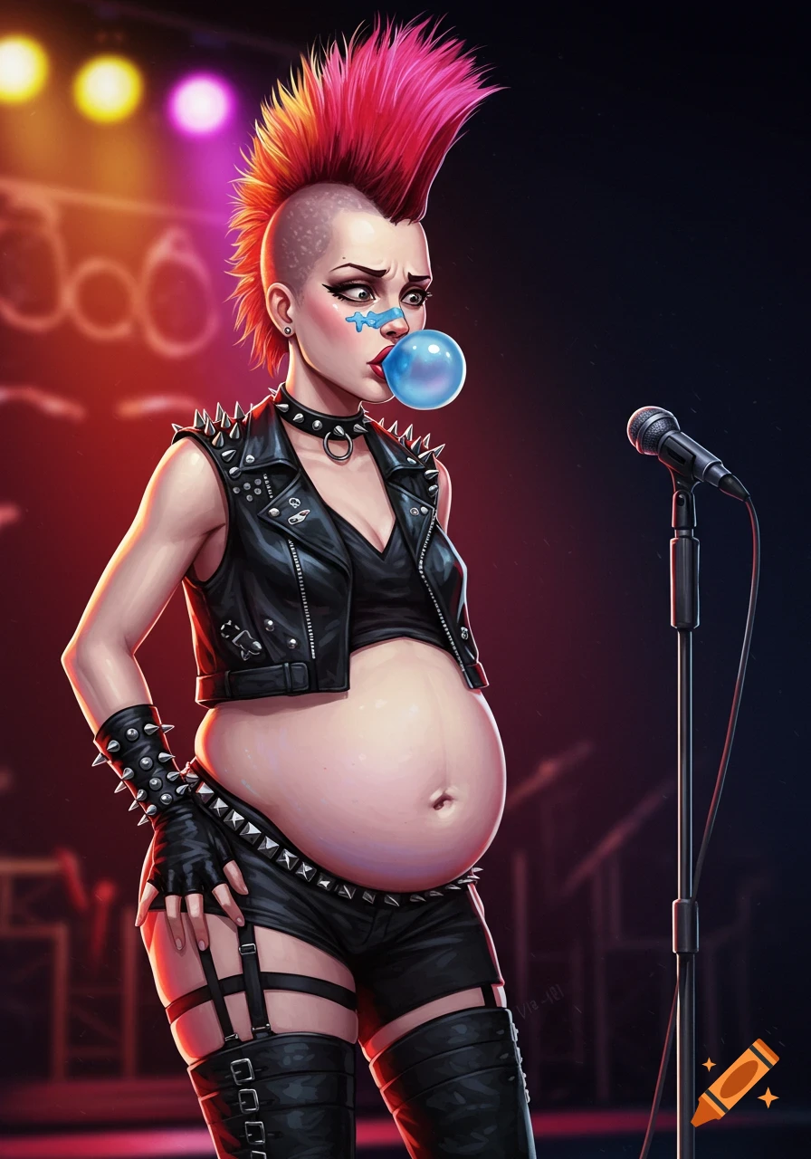 Illustration of a pregnant punk rock woman with a red mohawk, chewing bubblegum and looking embarrassed on stage.
