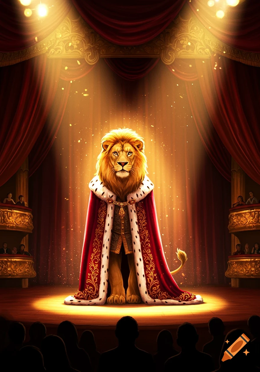 A majestic lion in a regal red and gold cape stands on a spotlighted stage before an audience, like a king performing in a play.