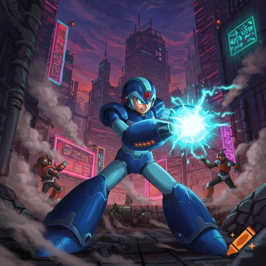 Mega Man X in blue armor charges an energy blast in a futuristic city, with enemy robots nearby in a vibrant game art style.