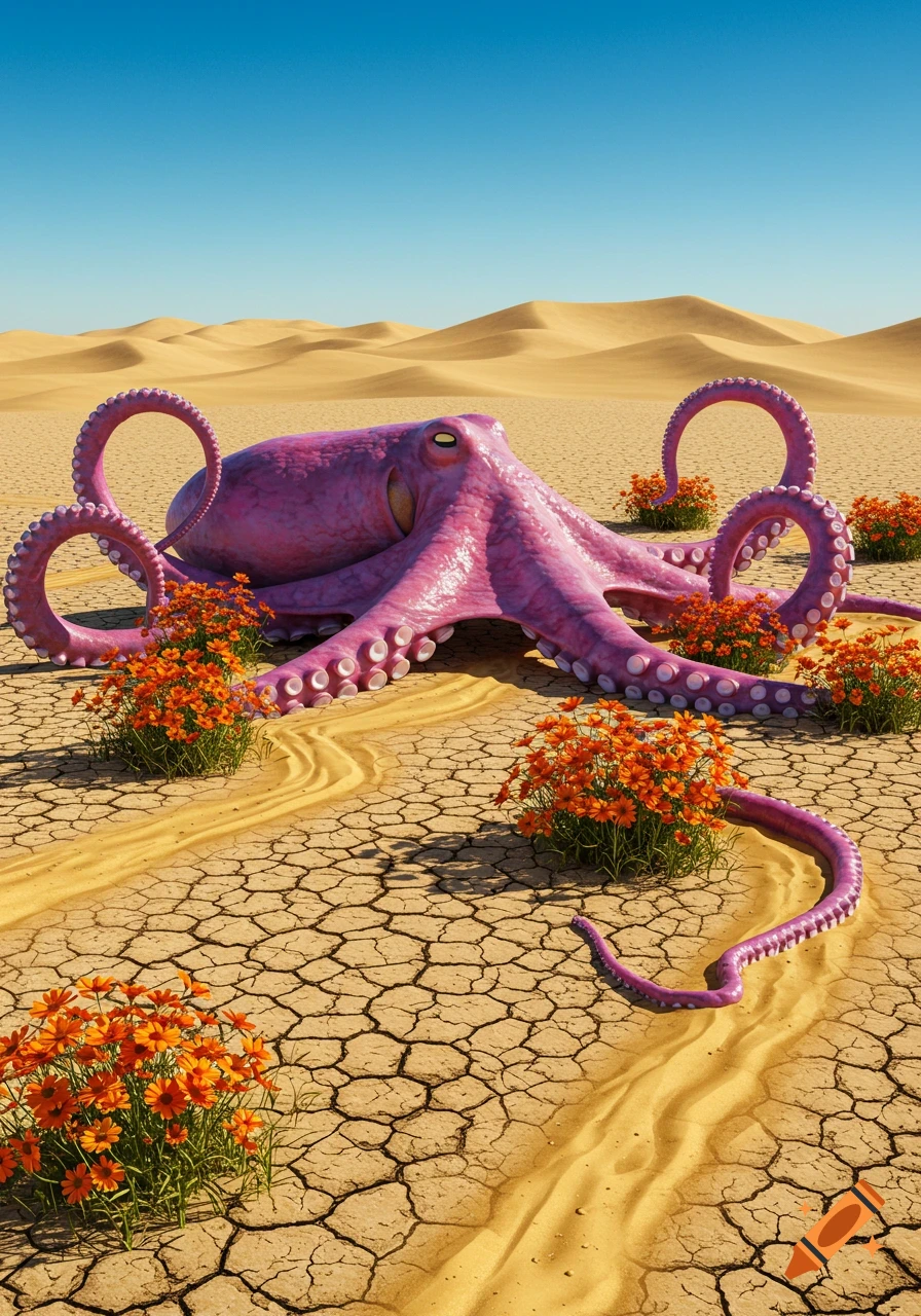 A large pink octopus lies on cracked desert ground amidst orange flowers, with sand dunes under a clear blue sky.
