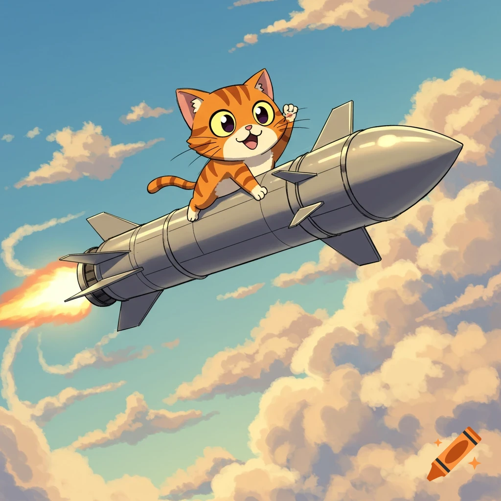 A cute anime style orange tabby cat waves while riding on top of a large grey missile flying through a blue sky with clouds, with fire blasting from the missile's tail.