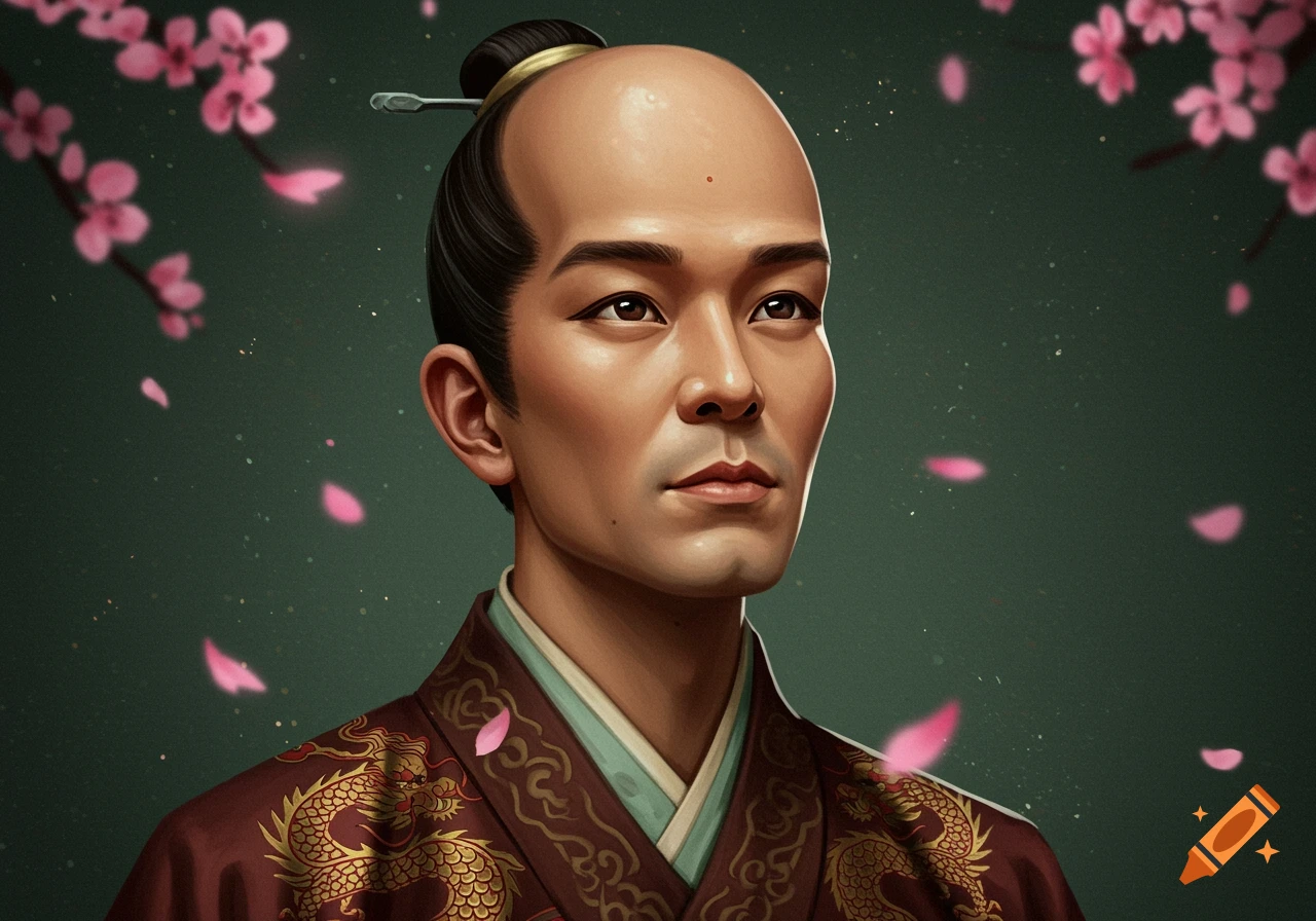 Portrait of an East Asian man with a large forehead in traditional robe with dragon embroidery, pink cherry blossoms in background.