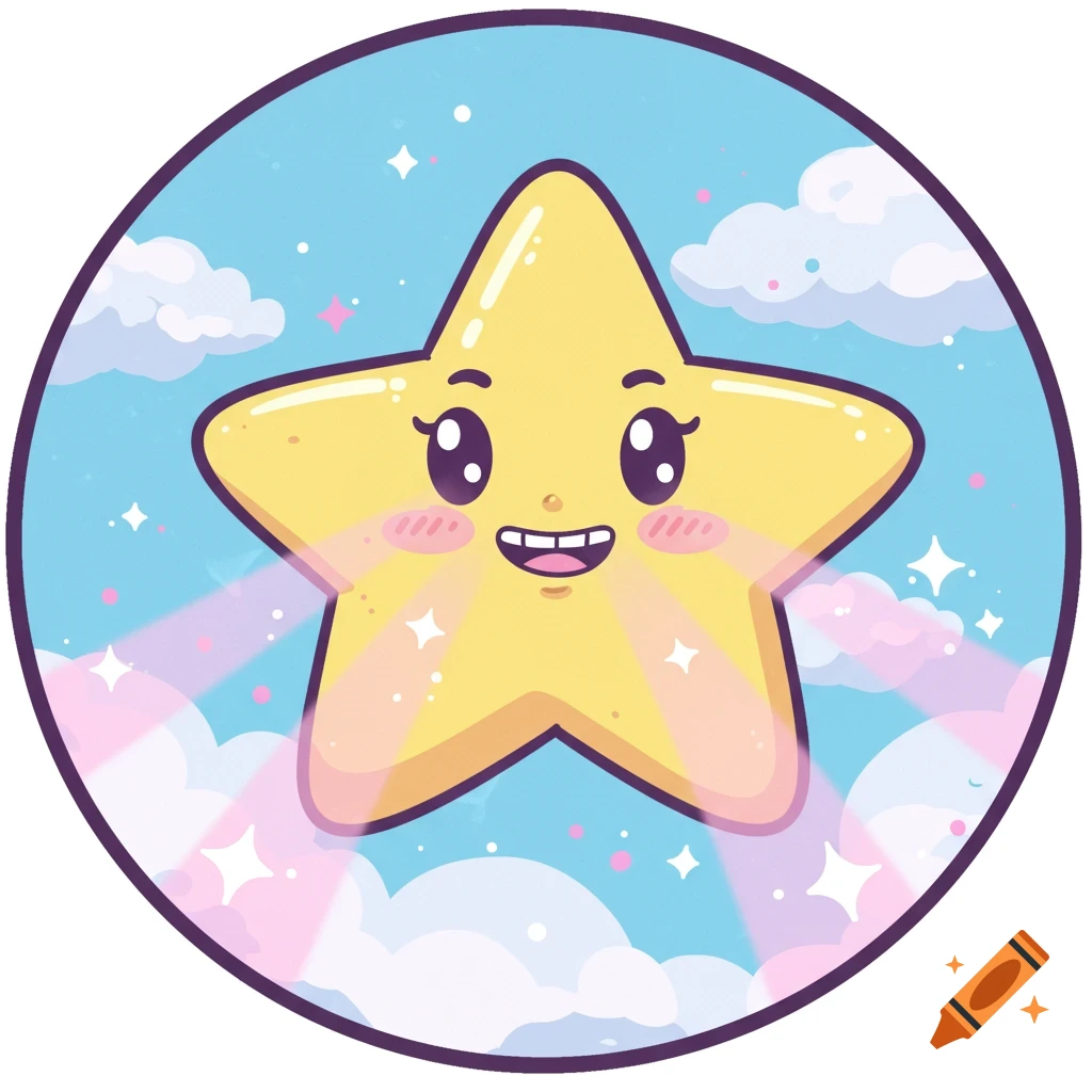 A cheerful yellow cartoon star with blush cheeks and a wide smile, set against a light blue sky with white and pink clouds and sparkling stars, all within a circular frame.