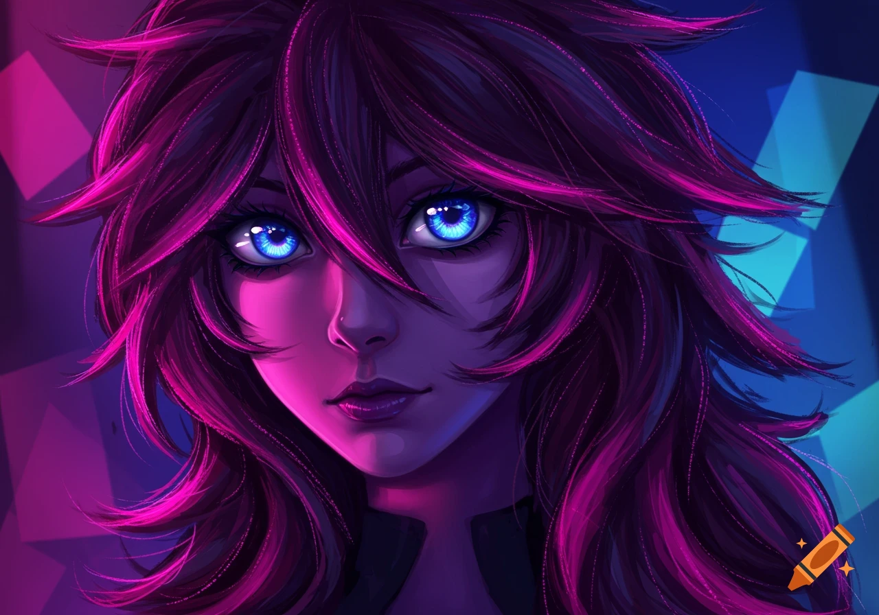 Digital art portrait of a woman with vibrant pink and purple messy hair and glowing blue eyes, against a dark background.