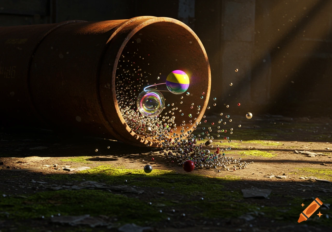 Photorealistic image of a rusty pipe spilling colorful marbles, bubbles, and BBs onto a mossy ground under a sunbeam.