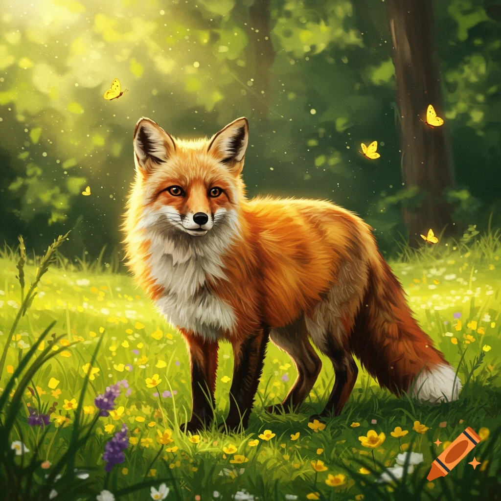 A fluffy red fox stands in a sunlit meadow among yellow flowers, with butterflies fluttering around.