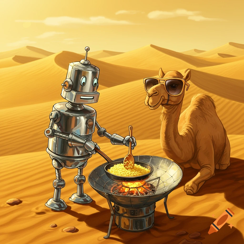 A cartoon robot cooks yellow grains on a grill in the desert, with a sunglasses-wearing camel observing.