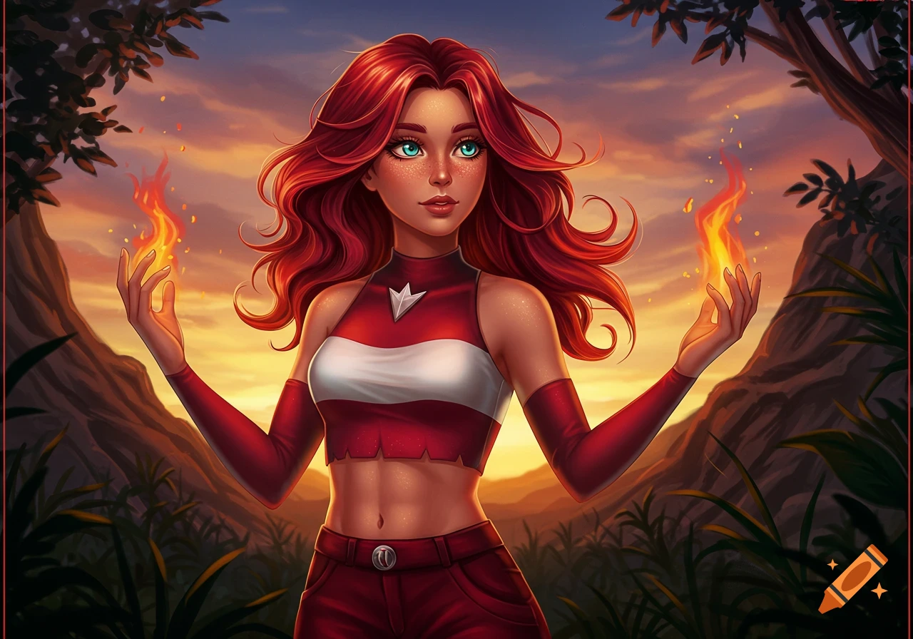 A vibrant digital painting of a red-haired woman with glowing blue eyes, holding fire in her hands, set against a sunset sky.