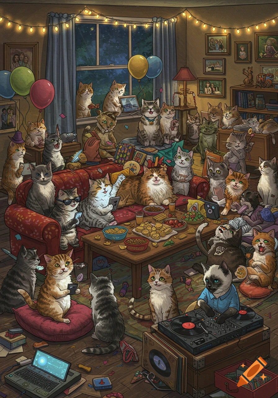 Many cats have a lively party in a cozy, detailed living room with string lights, balloons, snacks, and a DJ set.