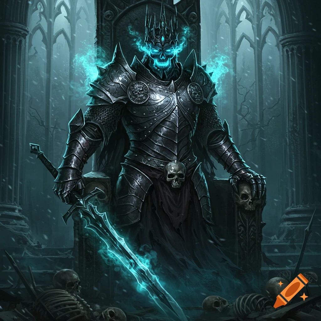 A skeletal king in dark armor with glowing blue eyes and a glowing sword sits on a gothic throne surrounded by bones and ruins.
