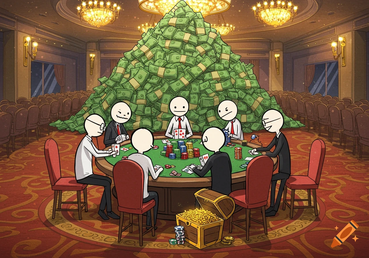 A cartoon illustration of stick figure men playing poker at a large table in a casino, surrounded by a mountain of cash and a treasure chest.