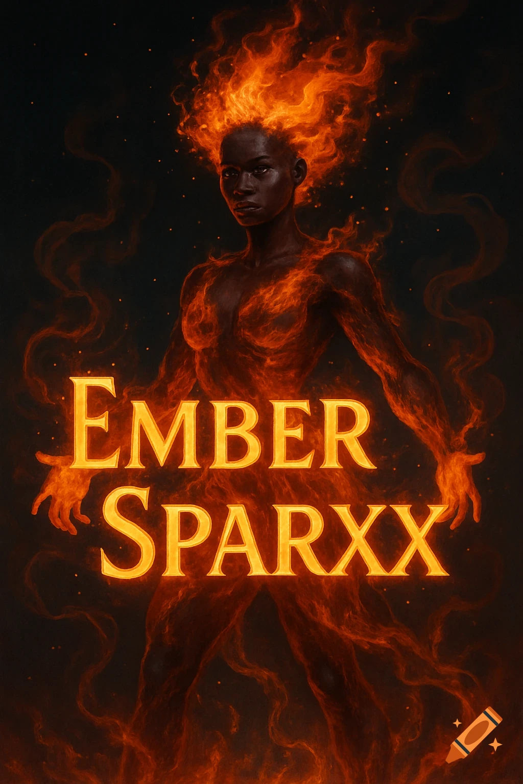 A black woman made of fire with fiery hair, standing against a dark background. The words 'EMBER SPARXX' glow in front of her.