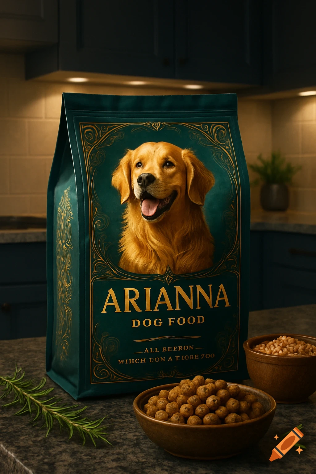 A bag of Arianna brand dog food with a golden retriever portrait, sitting on a kitchen counter with bowls of kibble and rosemary sprigs.