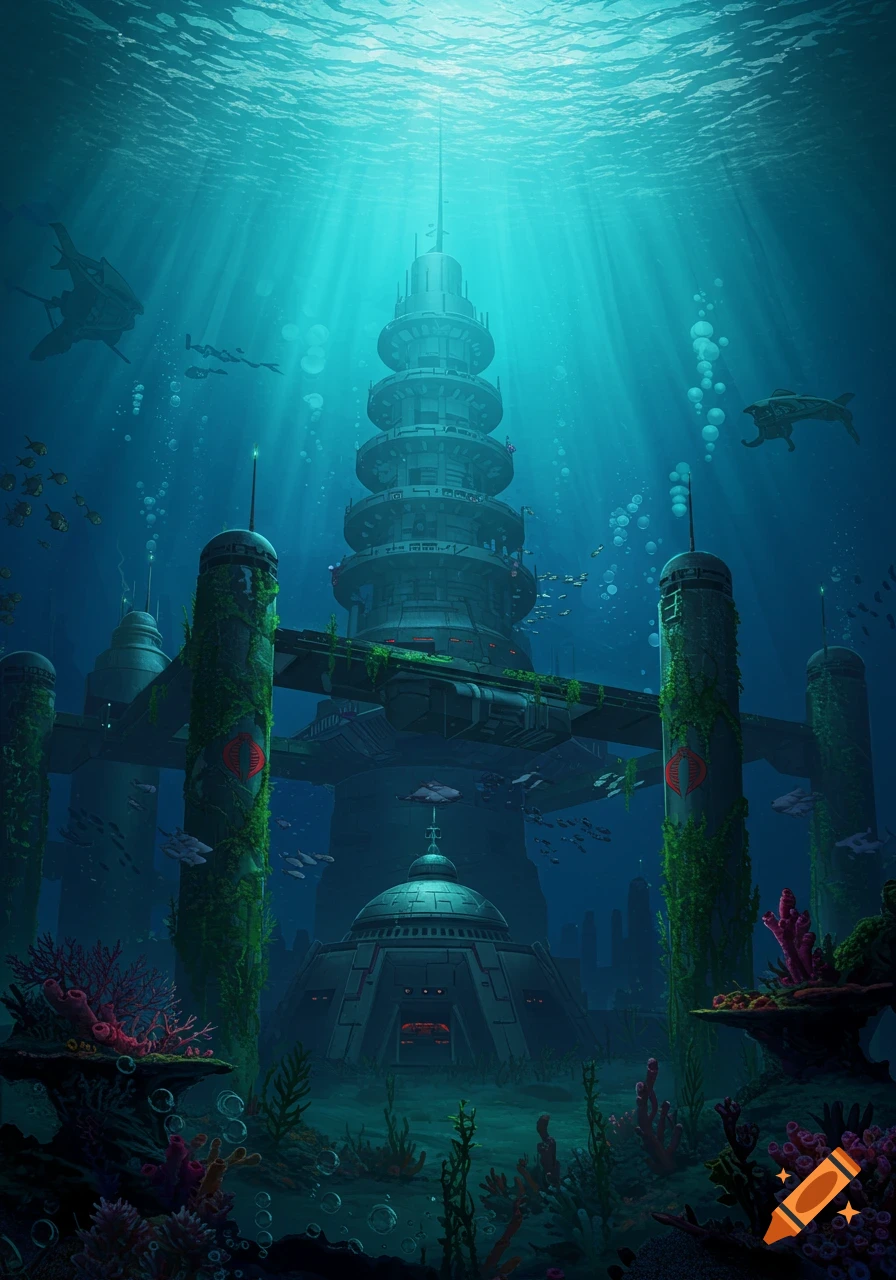 An expansive underwater Cobra base with a tall central tower and connecting structures, surrounded by coral, fish, and light rays from the surface.