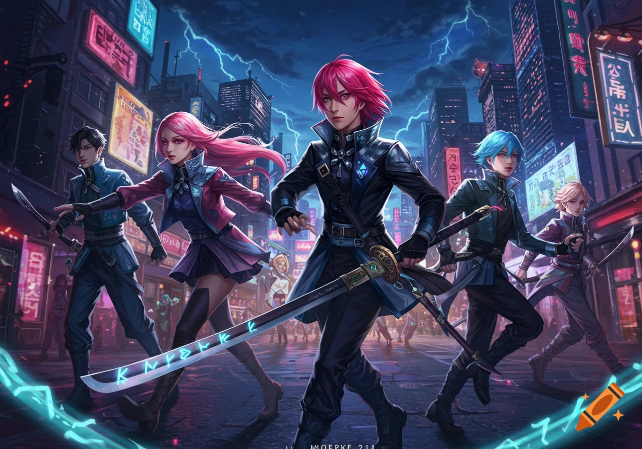 Five anime-style characters, four male and one female, stand in a dark, neon-lit cyberpunk city street under a lightning-filled sky. They hold glowing swords and daggers, ready for battle.
