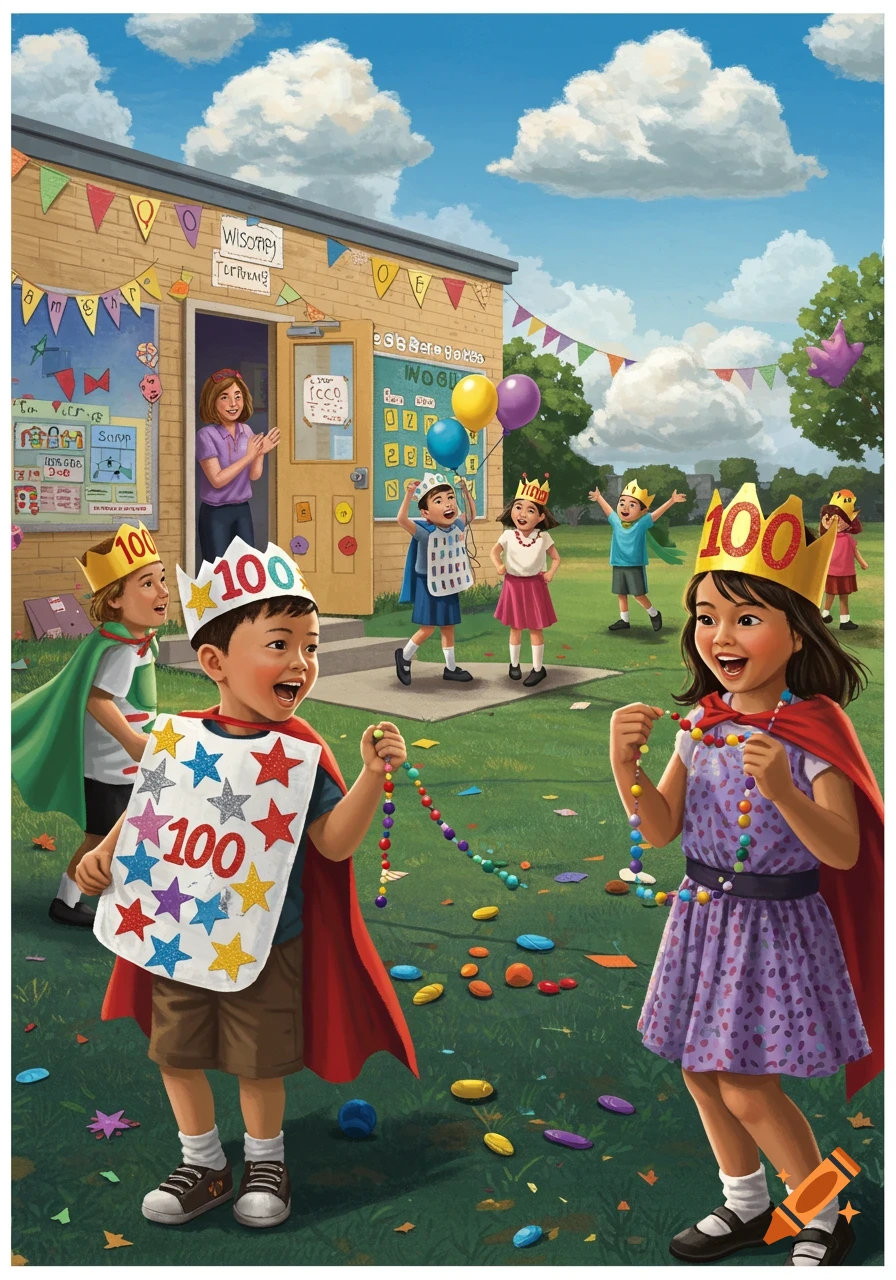 Kids in crowns and capes celebrate 100 days of school on a sunny playground outside a building.