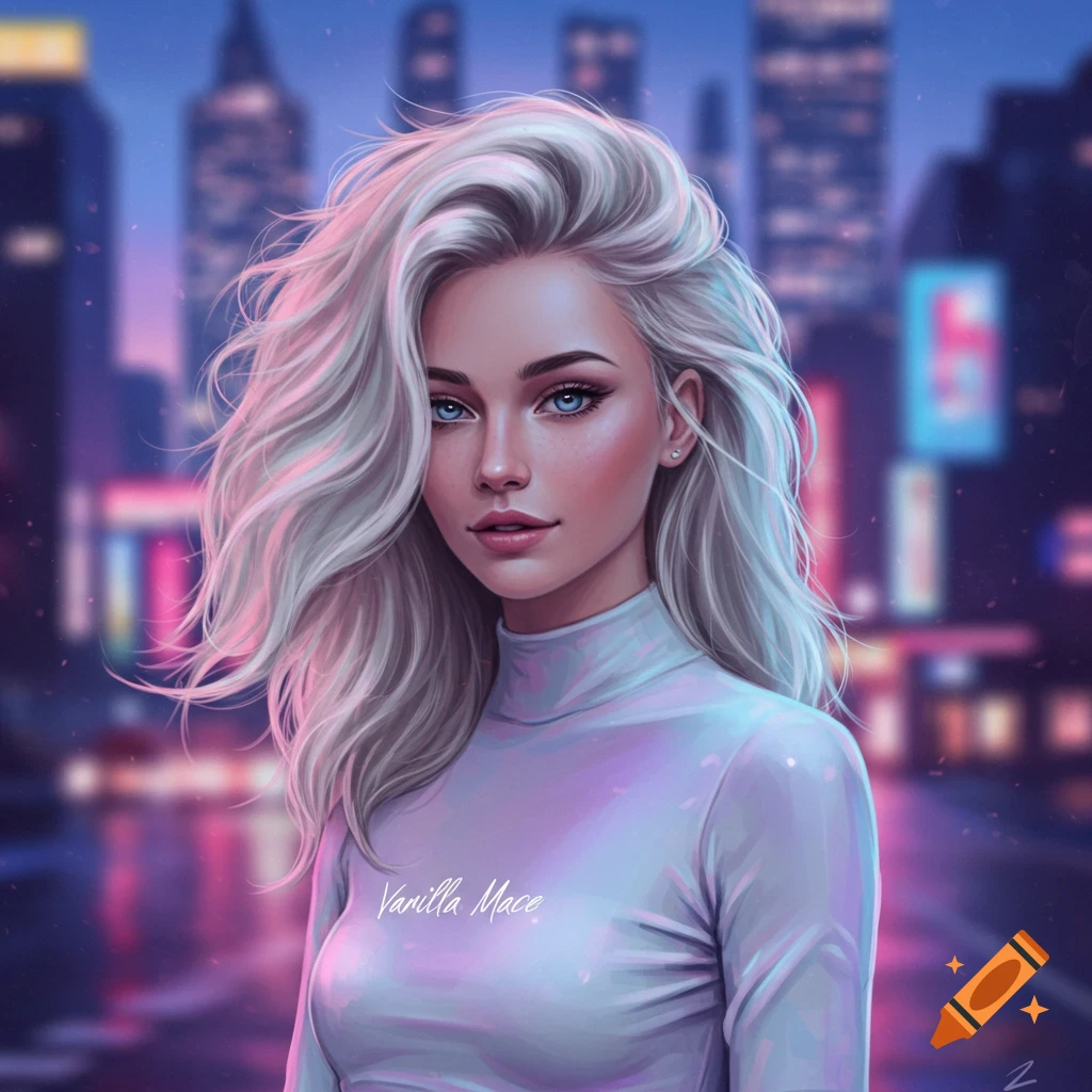 A stylized portrait of a woman with long, flowing white hair and blue eyes, wearing a white turtleneck, set against a blurred neon cityscape at night.
