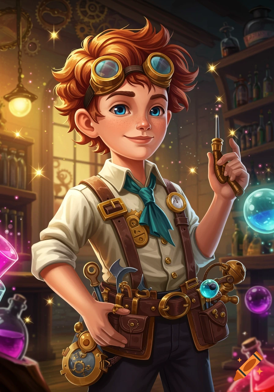 Vibrant digital illustration of a smiling teenage boy with red hair, goggles, and a steampunk gadget belt in a magical workshop with potions and gears.