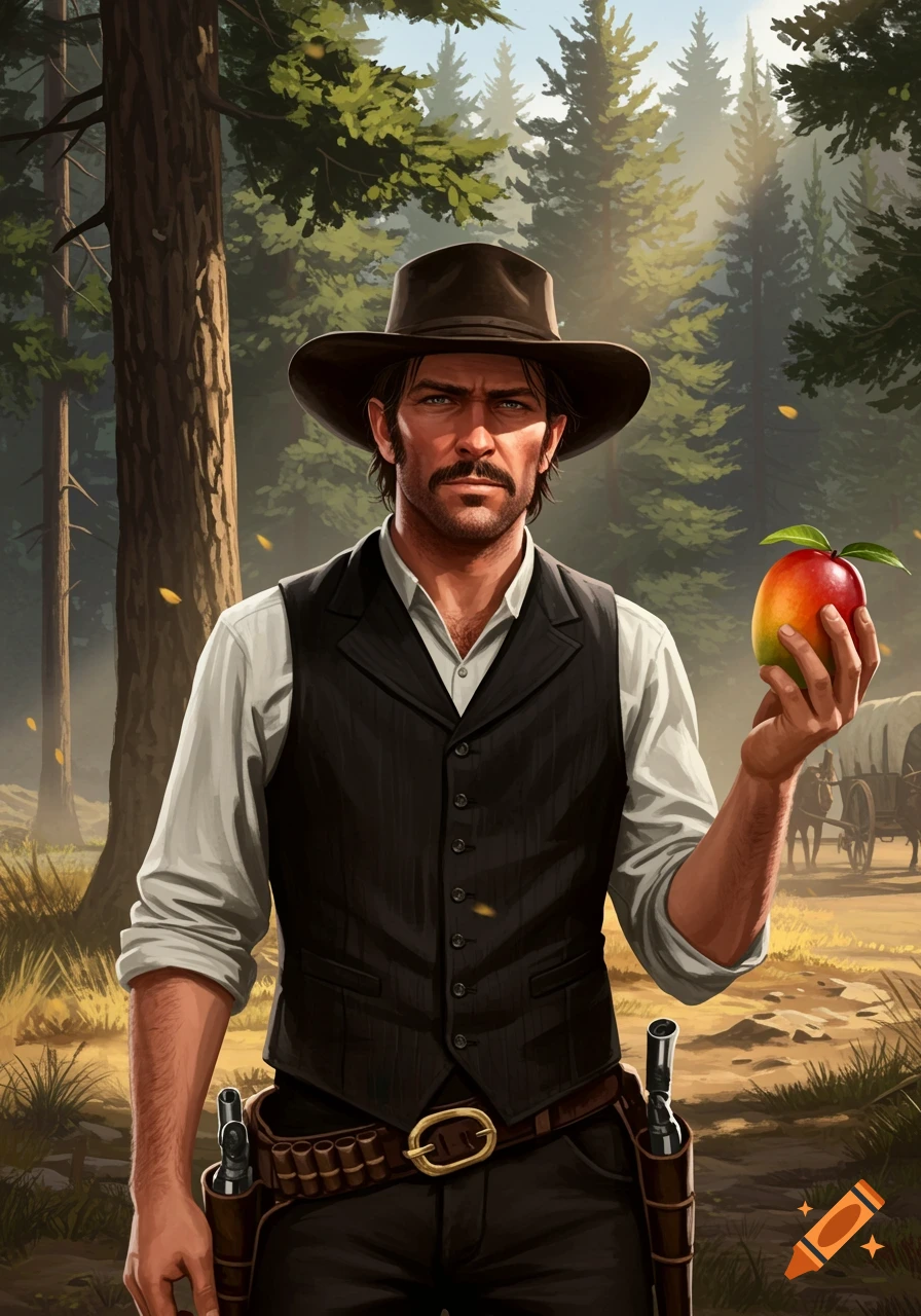 A man in a cowboy hat and vest holding a mango in a forest with wagons in the background, digital art.