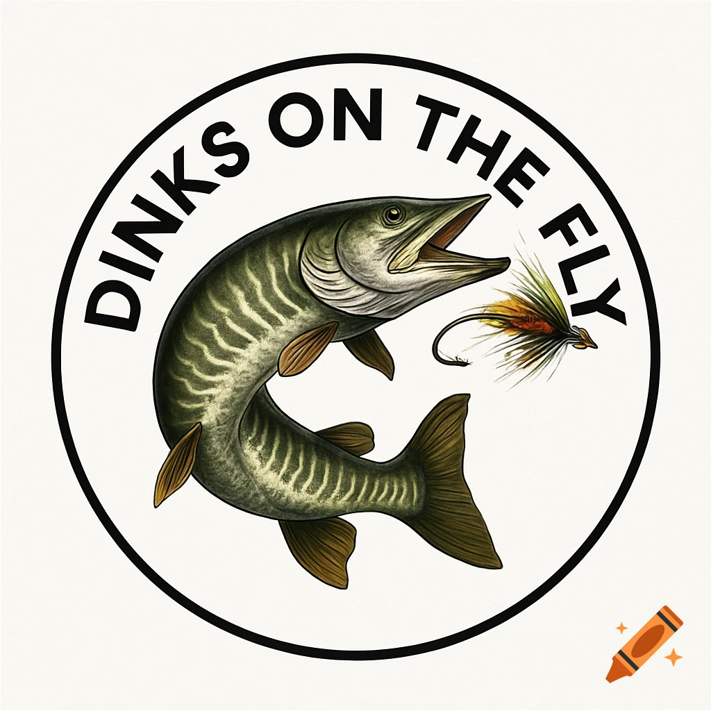 A circular logo featuring a detailed musky fish with a fishing fly in its mouth, with 'DINKS ON THE FLY' text.