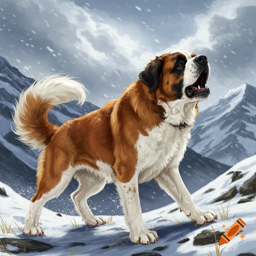 An illustrative depiction of a barking St. Bernard dog standing in a snowy mountain landscape with falling snow.