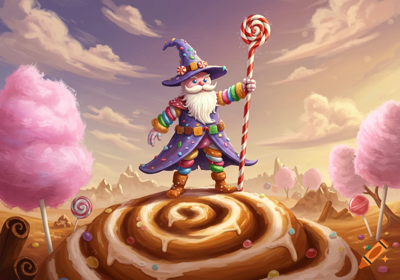 A cartoon candy wizard holding a candy cane staff, standing on a cinnamon roll mountain in a candy land.